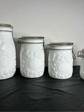 Vintage Wheaton Milk Glass Canister Set (4) with Clamp Lids 1.5L  1L  3/4L  1/2L